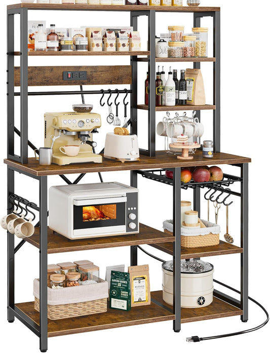 Large Bakers Rack with Power Outlets, 6-Tier Microwave Stand, Coffee Bar with 12 S-Shaped Hooks, Kitchen Shelf with Wire Basket, 39.3 X 15.5 X 66.9 Inches, Rustic Brown