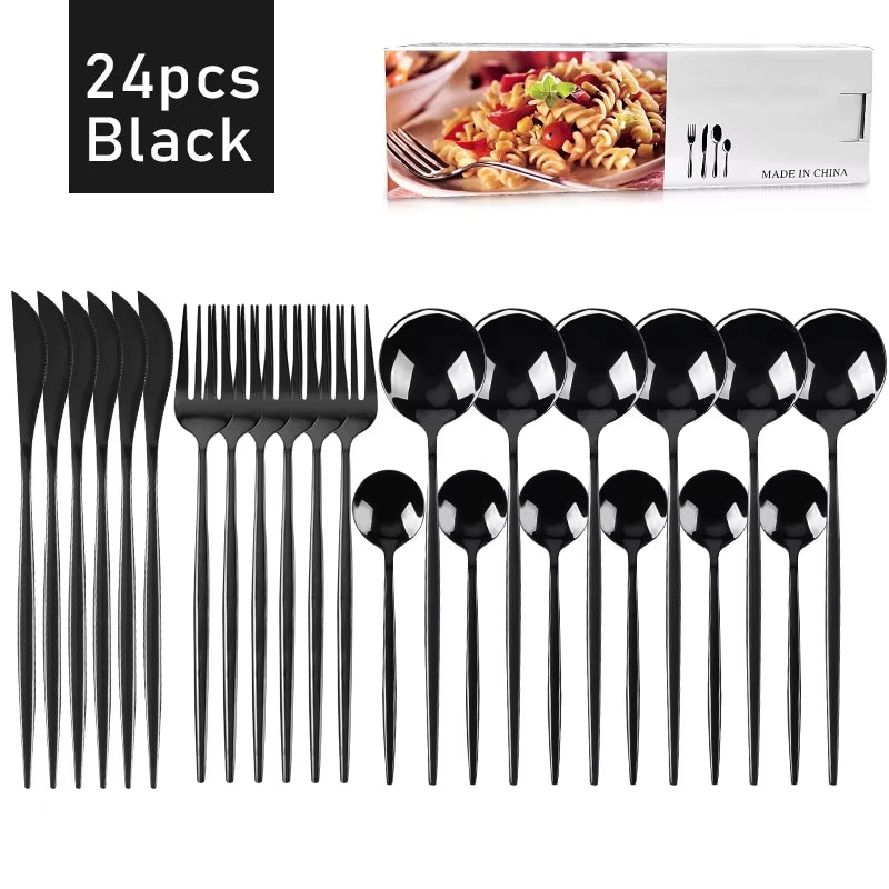 24Pcs Stainless Steel Dinnerware Set Black Gold Cutlery Spoon Fork Knife Western Cutleri Silverware Flatware Tableware Supplies