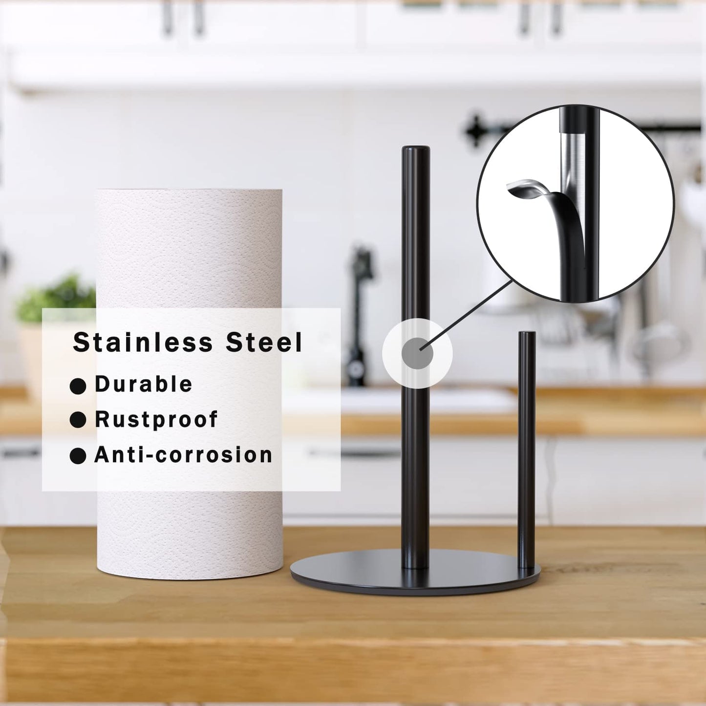 Paper Towel Holder Black Kitchen Roll Holder, Premium Stainless Steel Paper Towel Holder for Kitchen Roll Organize, Countertop Roll Dispenser with Weighted Base