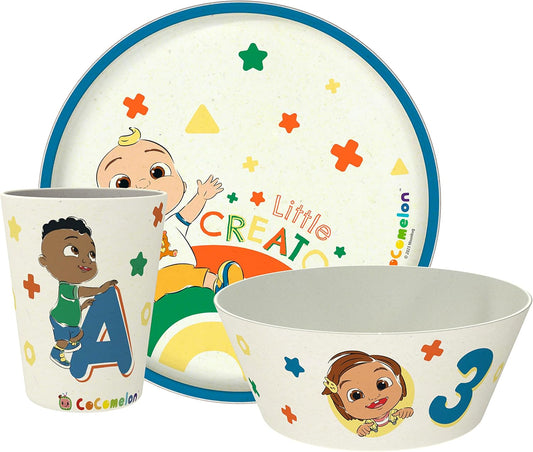 Cocomelon Kids Dinnerware Set 3 Pieces, Durable and Sustainable Melamine Bamboo Plate, Bowl, and Tumbler Are Perfect for Dinner Time with Family (JJ, Cody, Nina)