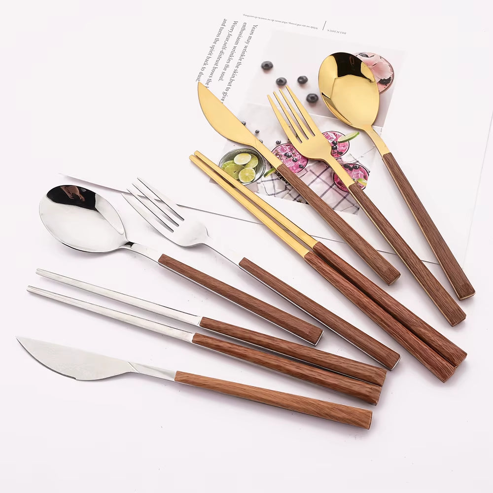 4/12/16Pcs Silver Cutlery Set Chopsticks Knife Fork Spoon Imitation Wooden Handle Korean Dinnerware Set Luxury Tableware Set