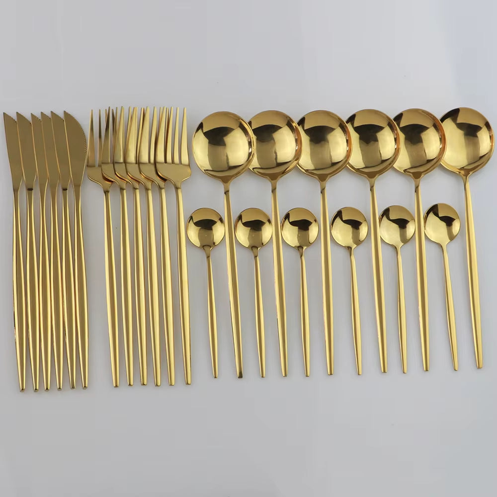 24Pcs Gold Dinnerware Set Stainless Steel Tableware Set Knife Fork Spoon Flatware Set Dishwasher Safe Silverware Cutlery Set