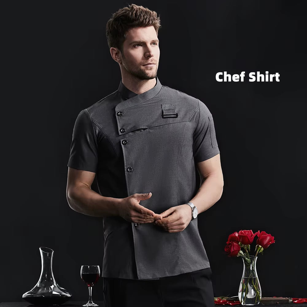 Khaki Chef Uniform Catering Workwear Head Chef Shirts Cooking Coat Chef Jacket Summer Restaurant Barber Shop Waiter Shirt Apron