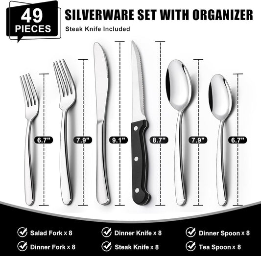 49-Piece Silverware Set with Organizer, Heavy Duty Stainless Steel Flatware for 8, Cutlery Utensil Sets with Steak Knives, Rust-Proof, Mirror Polished, Dishwasher Safe