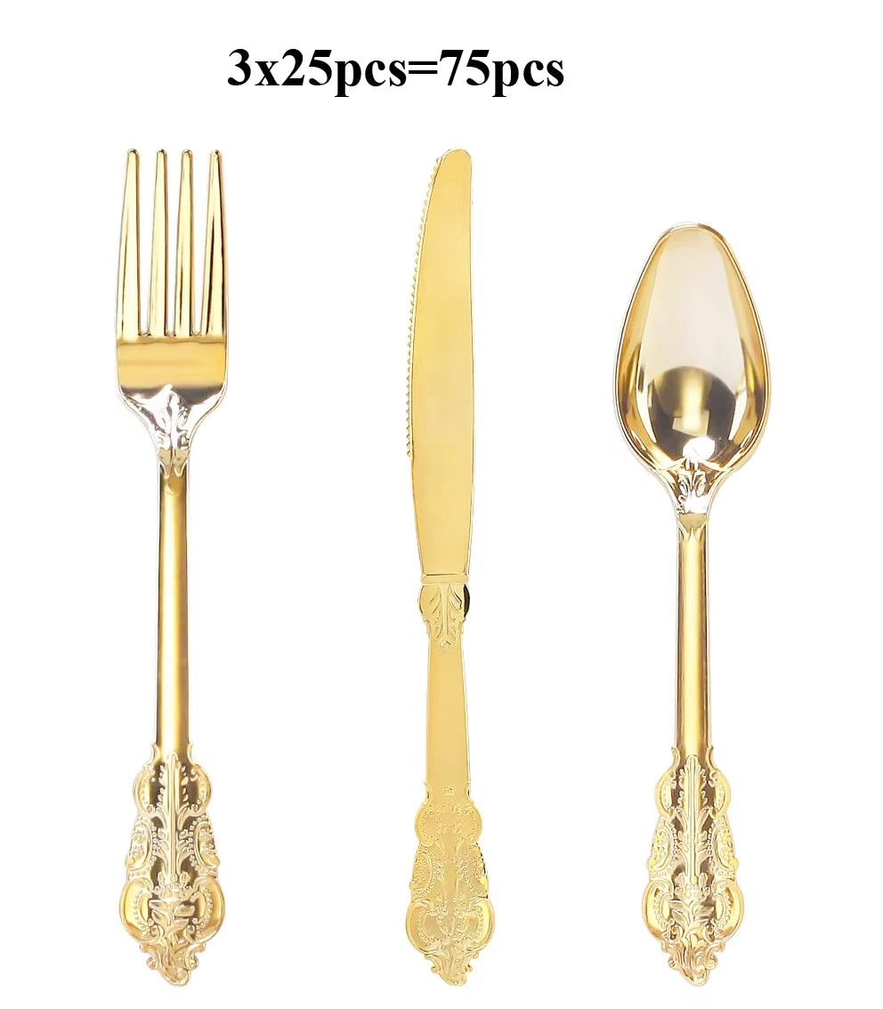 75 Pieces Gold Plastic Silverware- Party Flatware Set-Heavyweight Plastic Cutlery- Includes 25 Forks, 25 Spoons, 25 Knives