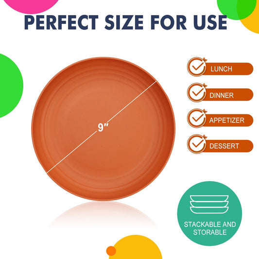 Deep Dinner Plates Set of 8 Alternative for Plastic Plates Microwave and Dishwasher Safe Wheat Straw Plates for Kitchen Unbreakable Kids Plates with 4 Colors (Classic Bright, 9 Inch)