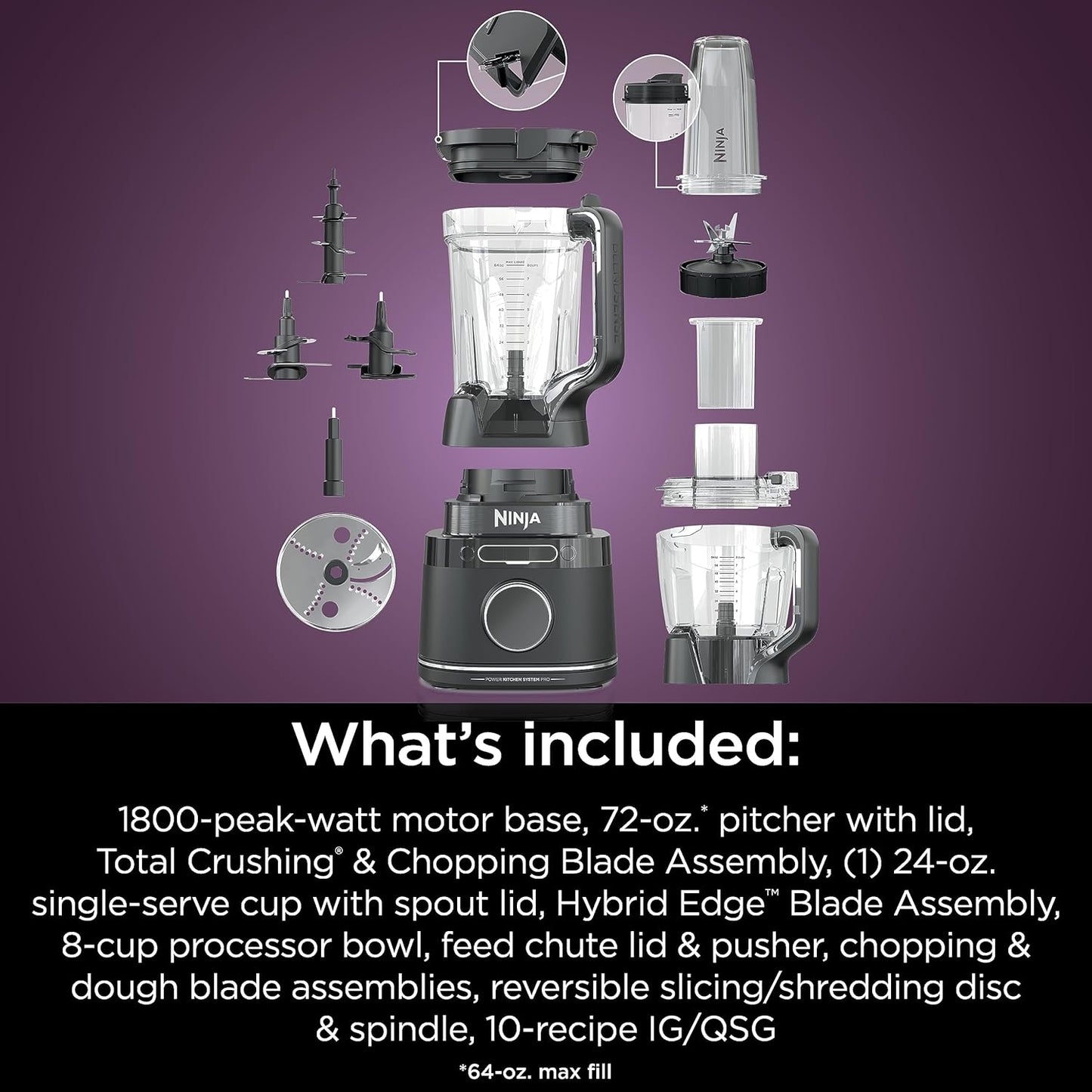 TB401 Detect Kitchen System Power Blender + Processor Pro, Blendsense Technology, Blender, Chopping & Smoothies, 1800 Peak Watts, 72 Oz. Pitcher, 64 Oz. Food Processor, 24 Oz. To-Go Cup, Black