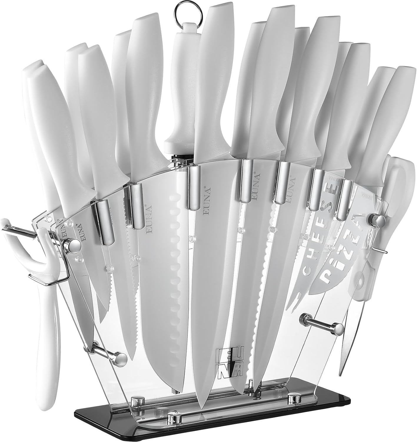 Knife Block Set, 19 PCS Kitchen Knife Set with Acrylic Block and Sharpener, German High-Carbon Stainless Steel Knife Sets with 6 Serrated Steak Knives, Bread Knife, Chef Knife, Dishwasher Safe