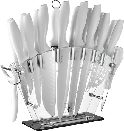 Knife Block Set, 19 PCS Kitchen Knife Set with Acrylic Block and Sharpener, German High-Carbon Stainless Steel Knife Sets with 6 Serrated Steak Knives, Bread Knife, Chef Knife, Dishwasher Safe