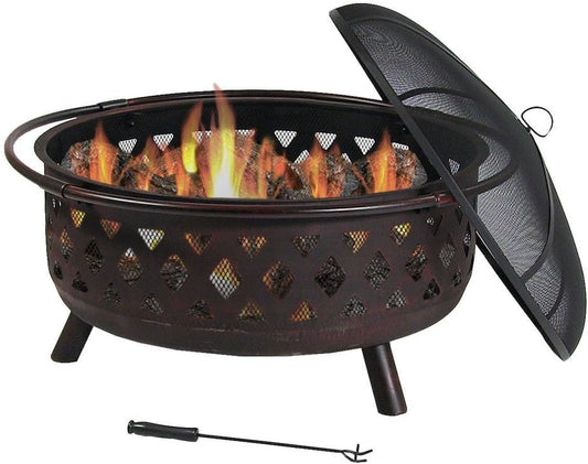 36-Inch Bronze Crossweave Wood-Burning Fire Pit - Includes Spark Screen, Fireplace Poker, and round Cover