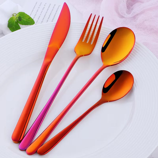 4Pcs Luxury 304 Stainless Steel Tableware Set Silverware Fork Spoon Knife Travel Cutlery Set Gold Portable Camping Flatware Set