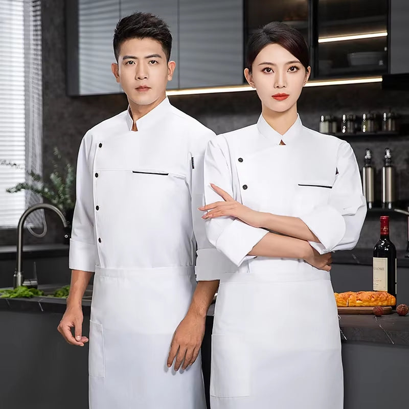 Men Chef Jacket with Apron Long Sleeve Chef Uniform Restaurant Cook Coat Chef T-Shirt Work Uniform Hotel Clothes Logo Women