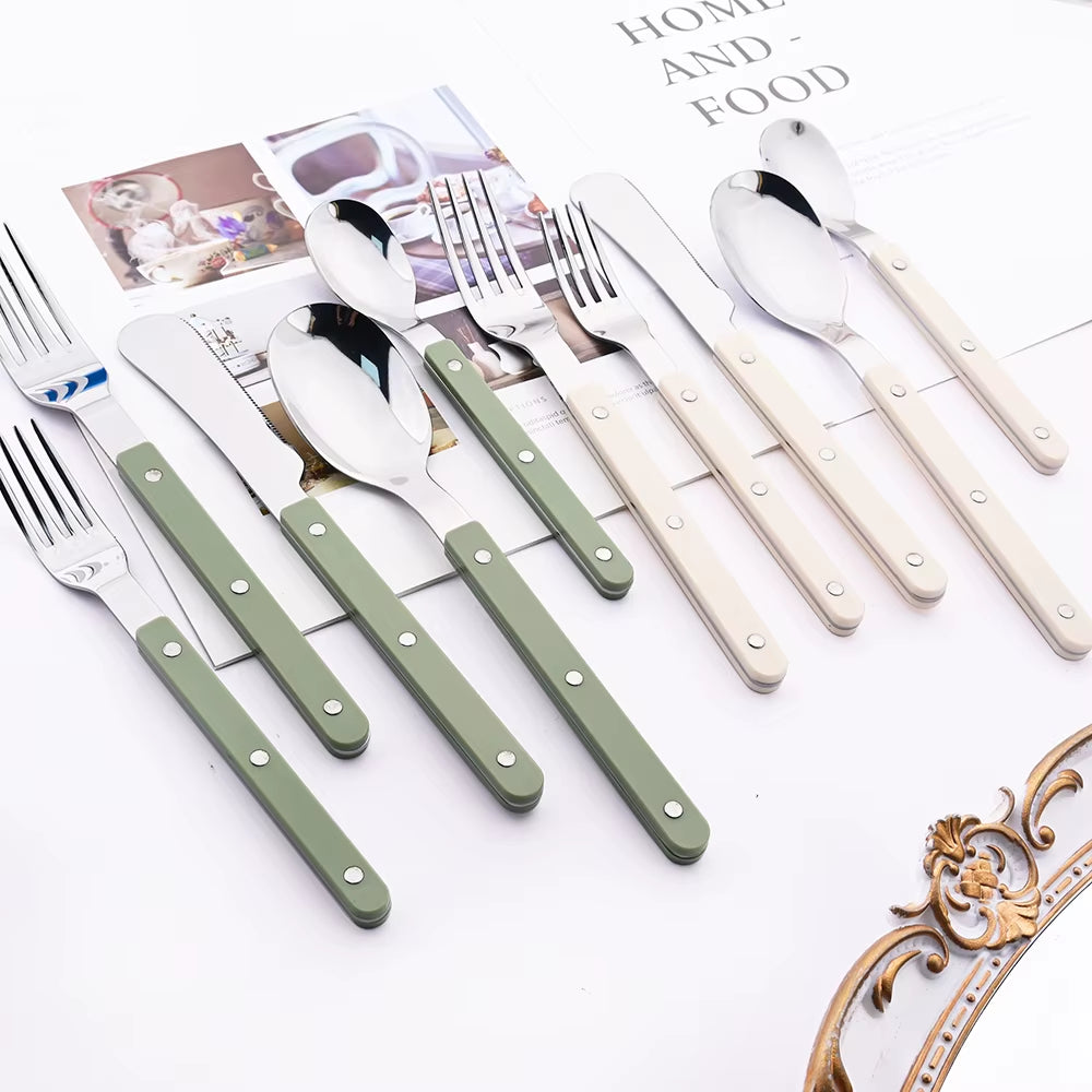 4/16Pcs Acrylic Handle Knife Fork Set Stainless Steels Dinner Cutlery Set Green Silver Western Dinnerware Home Kitchen Flatware