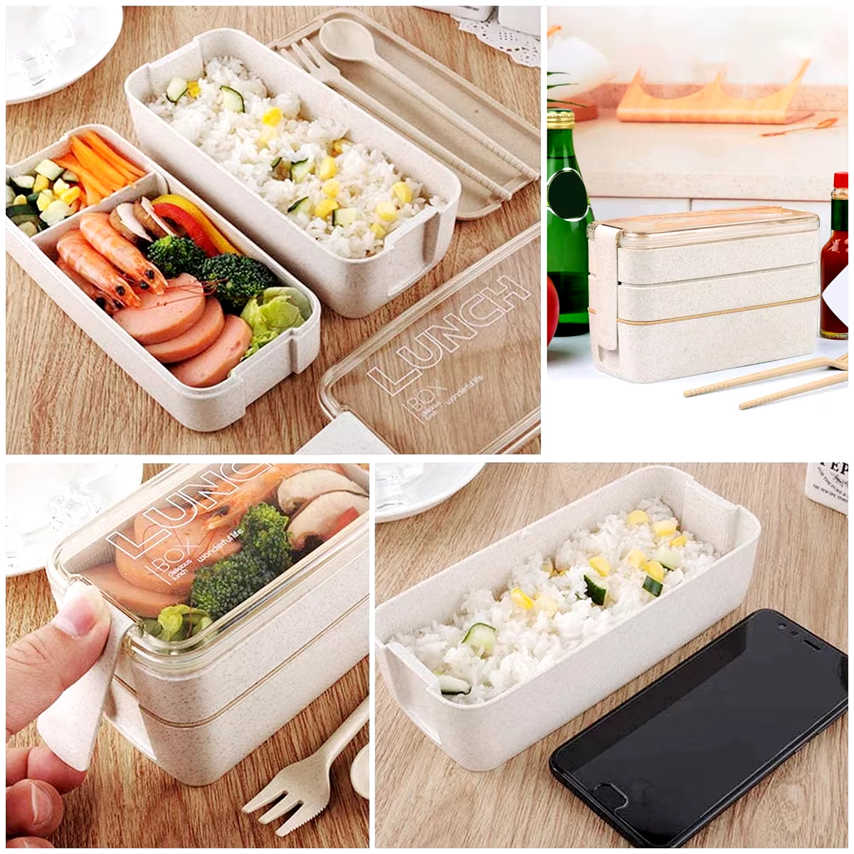 900Ml Bento Box for Kids 3 Stackable Lunch Box Leak-Proof Portable Lunch Food Container Wheat Straw Food Storage Box Dishwasher