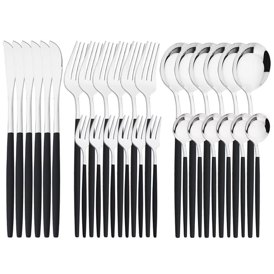 30Pcs Black Silver Cutlery Set Knife Fruit Forks Cake Fork Tea Spoon Dinnerware Stainless Steel Tableware Set Party Kitchen Tool