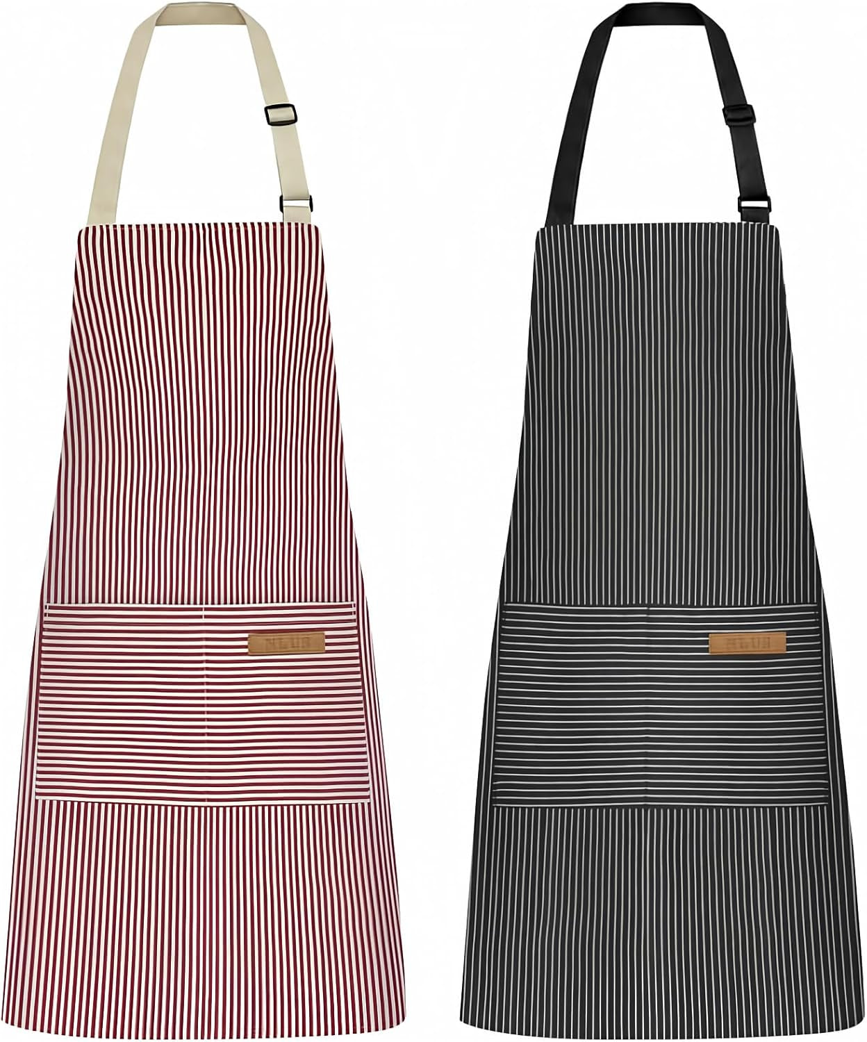 2 Pack Kitchen Cooking Aprons, Adjustable Bib Soft Chef Apron with 2 Pockets for Men Women(Black/Brown Stripes)