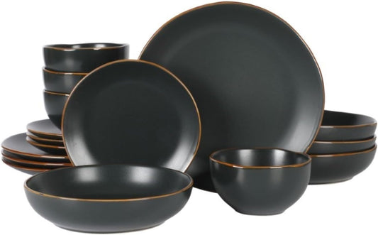 Hazeltine 16 Piece Plates and Bowls Dishes Stoneware Ceramic Dinnerware Set - Black