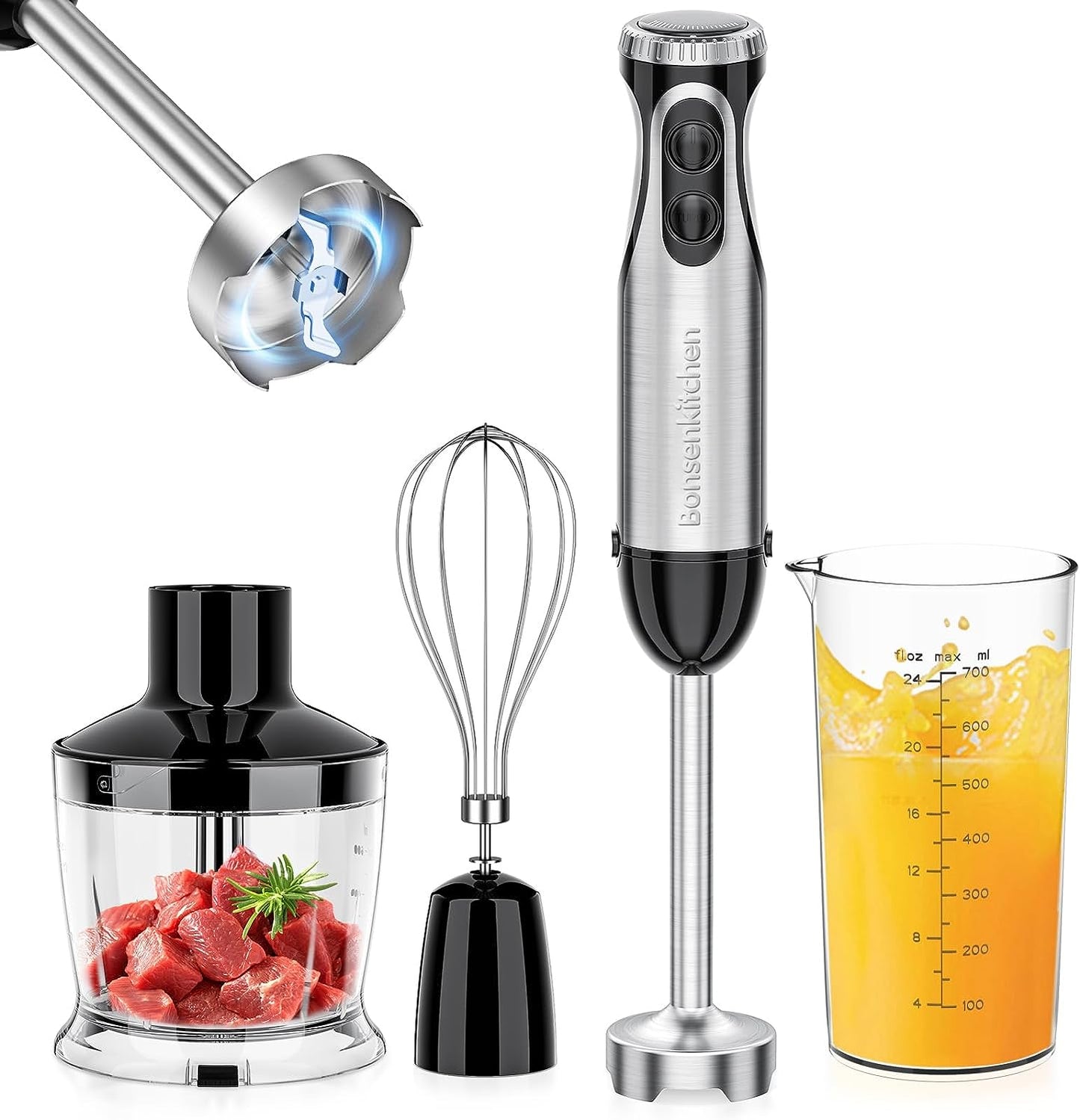 Immersion Blender, 20 Variable Speeds & Turbo, 4-In-1 Stainless Steel Handheld Blender Stick Mixer with Egg Whisk, Beaker & Chopper Bowl