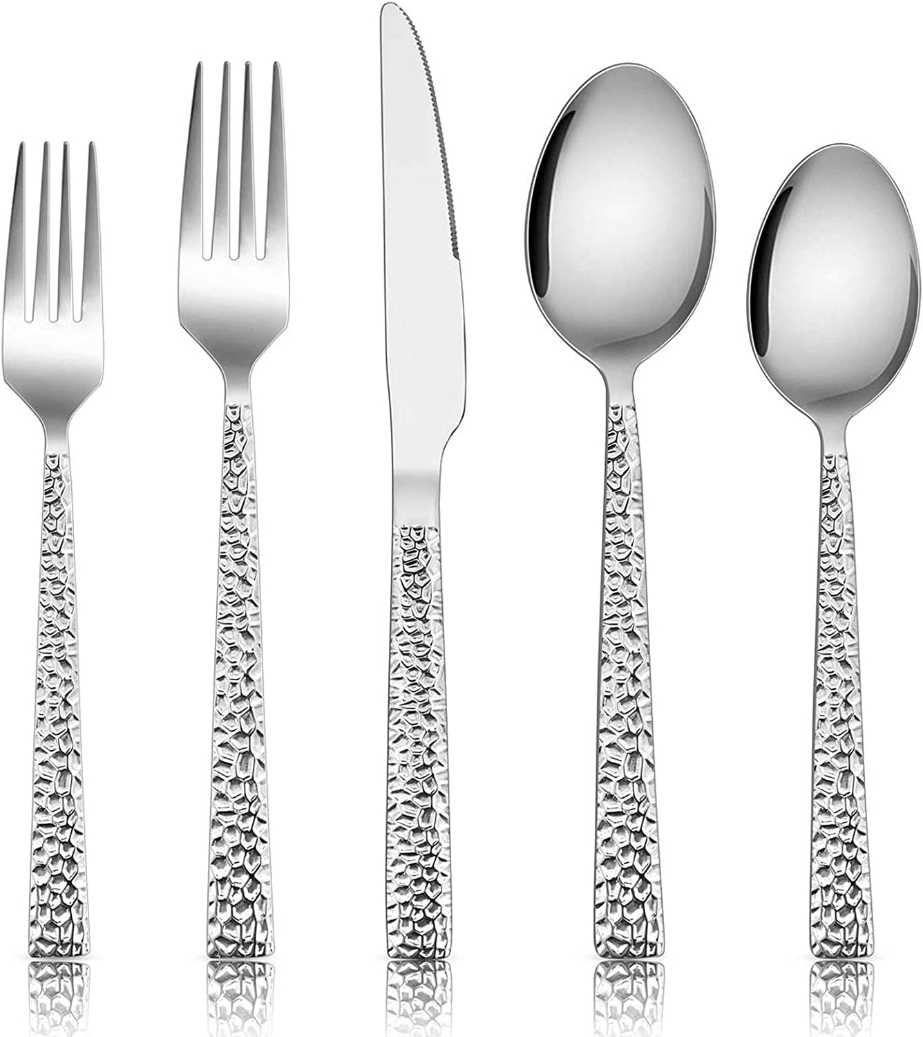 Hammered Silverware Set, 40-Piece Stainless Steel Square Flatware Set for 8, Metal Tableware Cutlery Set Includes Dinner Knives/Forks/Spoons, Modern Design & Mirror Polished - Dishwasher Safe