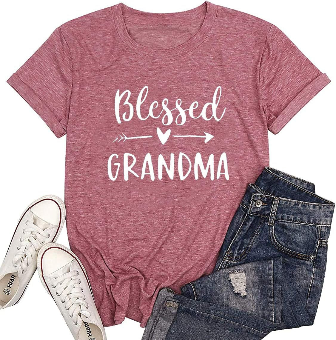 Blessed Grandma Shirt Funny Cute Graphic Tees Women Letter Print T-Shirt Casual Short Sleeve Tops