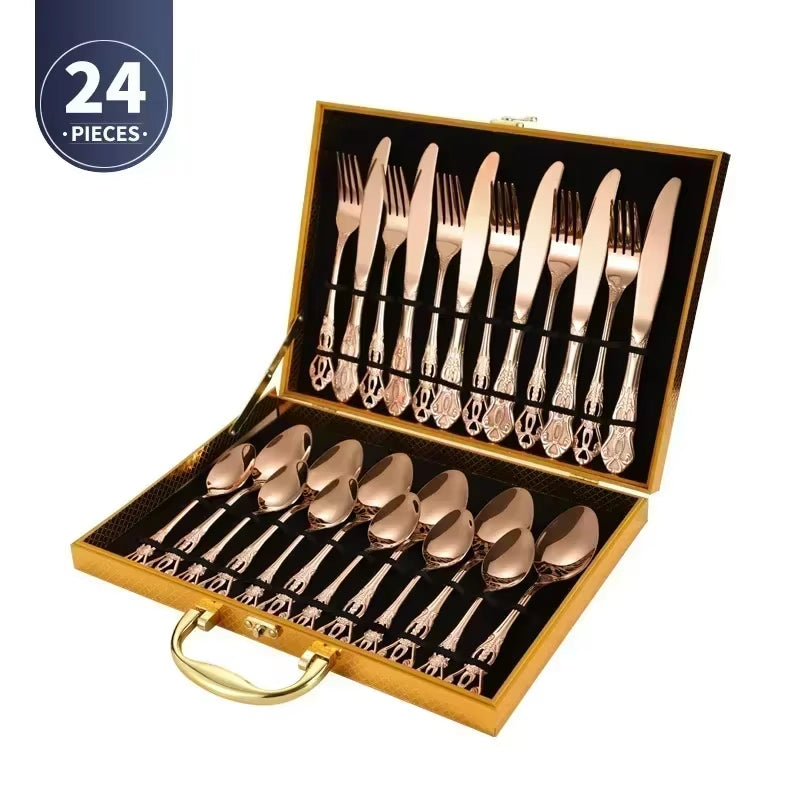 Golden Stainless Steel Cutlery Set Royal European Spoon Fork Complete Tableware Retro Design Dishwasher Safe Elegant Flatware