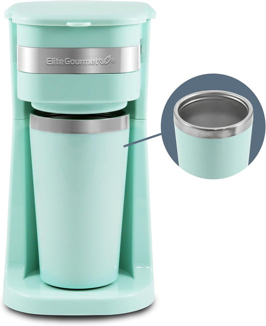 EHC113M Personal Single-Serve Compact Coffee Maker Brewer Includes 14Oz. Stainless Steel Interior Thermal Travel Mug, Compatible with Coffee Grounds, Reusable Filter, Mint