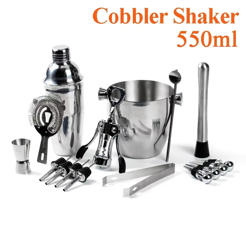 Stainless Steel Cocktail Shaker Set Mixer Bartender Kit Cobbler Boston Shaker Bars Set Tools Jigger Mixer Muddler Pourer Spoon