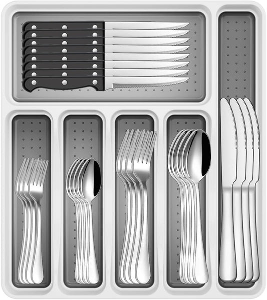 49-Piece Stainless Steel Silverware Set with Cutlery Organizer, Service for 8 with Steak Knives and Kitchen Utensils