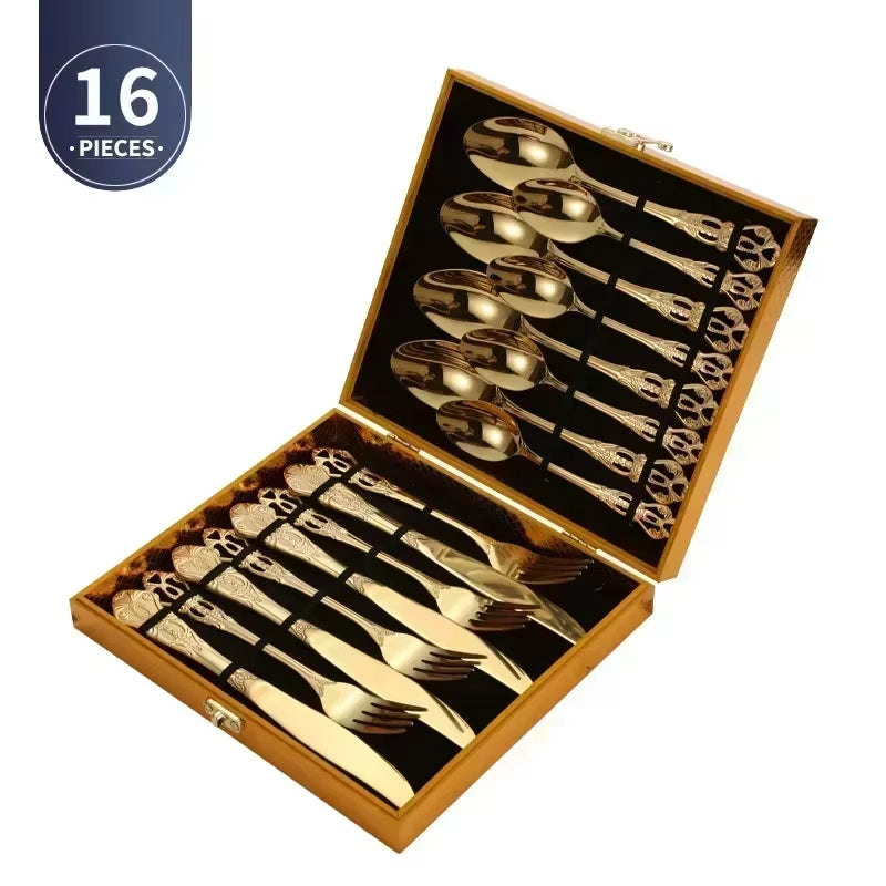 Golden Stainless Steel Cutlery Set Royal European Spoon Fork Complete Tableware Retro Design Dishwasher Safe Elegant Flatware