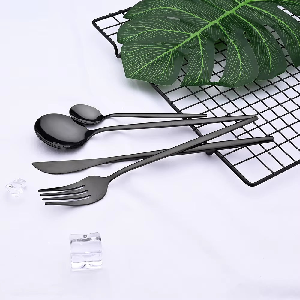 24Pcs Black Western Dinnerware Set Stainless Steel Cutlery Set Fork Knife Spoon Tableware Set Flatware Set Silverware Set