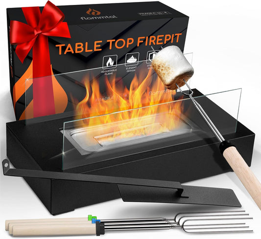 Tabletop Fire Pit - Smores Maker Kit - Indoor/Outdoor Portable Ethanol Table Top Firepit - with 4 Roasting Sticks - Gift for Housewarming Home Decor Patio Christmas Birthday Wedding Woman -