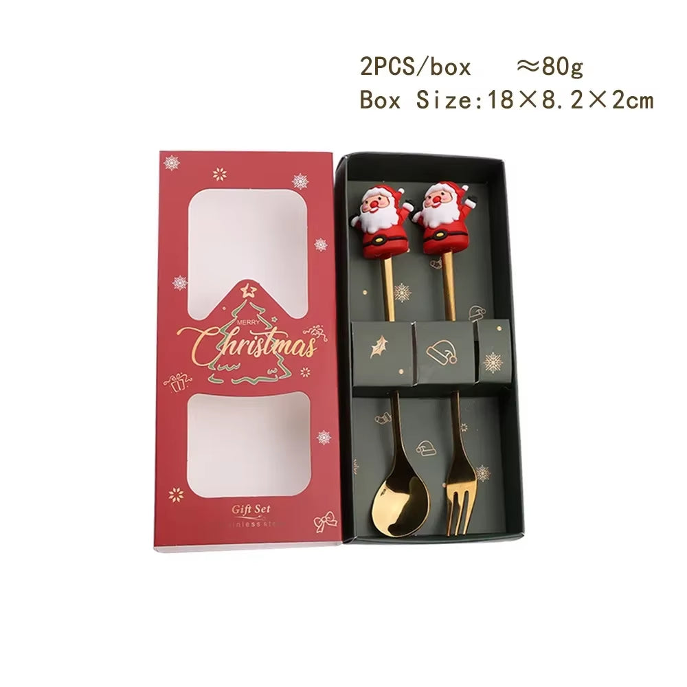 2Pcs Christmas Gift Silver Glod Spoon Fork Set Elk Christmas Tree Decoration Dessert Scoop Fruit Fork Coffee Spoon Cutlery Set