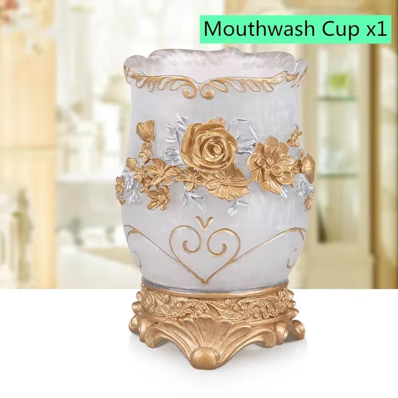 European Style Luxury Bathroom Accessories Set, Romantic Flowers, Antique Resin Wash Suit, Bathroom Supplies, Mouthwash Cup