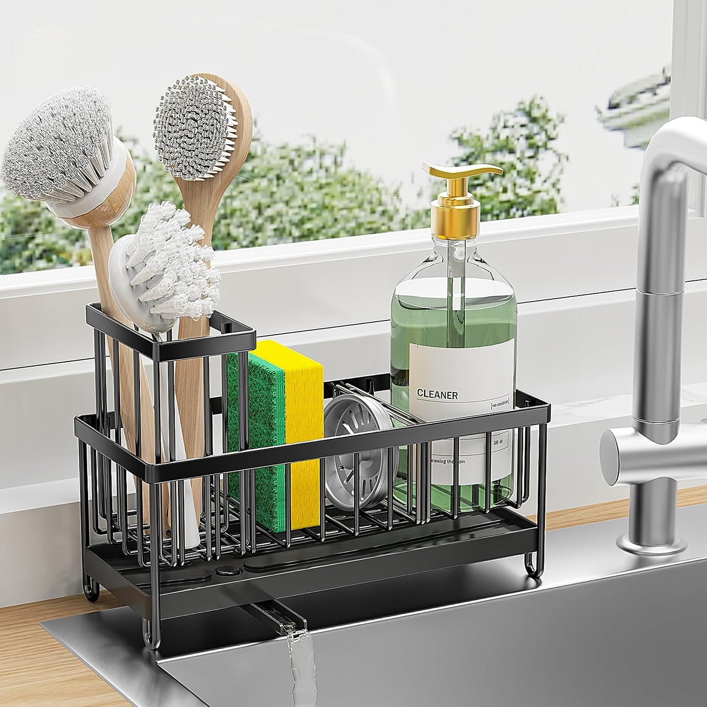 Sponge Holder for Kitchen Sink, Sink Caddy with High Brush Holder, Kitchen Sink Organizer Countertop Rustproof 304 Stainless Steel, Soap Dispenser Kitchen Organizers and Storage Essentials