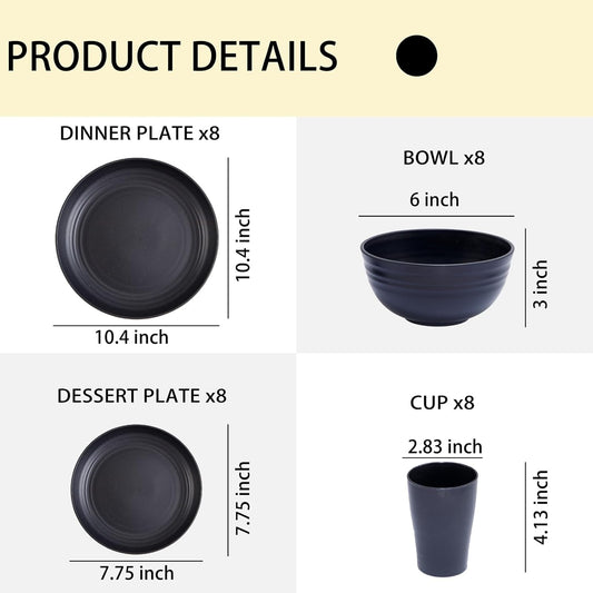 Wheat Straw Dinnerware Sets,Unbreakable Dinner Plates for 8,Microwave Dishwasher Safe,Reusable Dinnerware,Black Set 16Pcs Plates, 8Pcs Bowls, 8Pcs Cups.