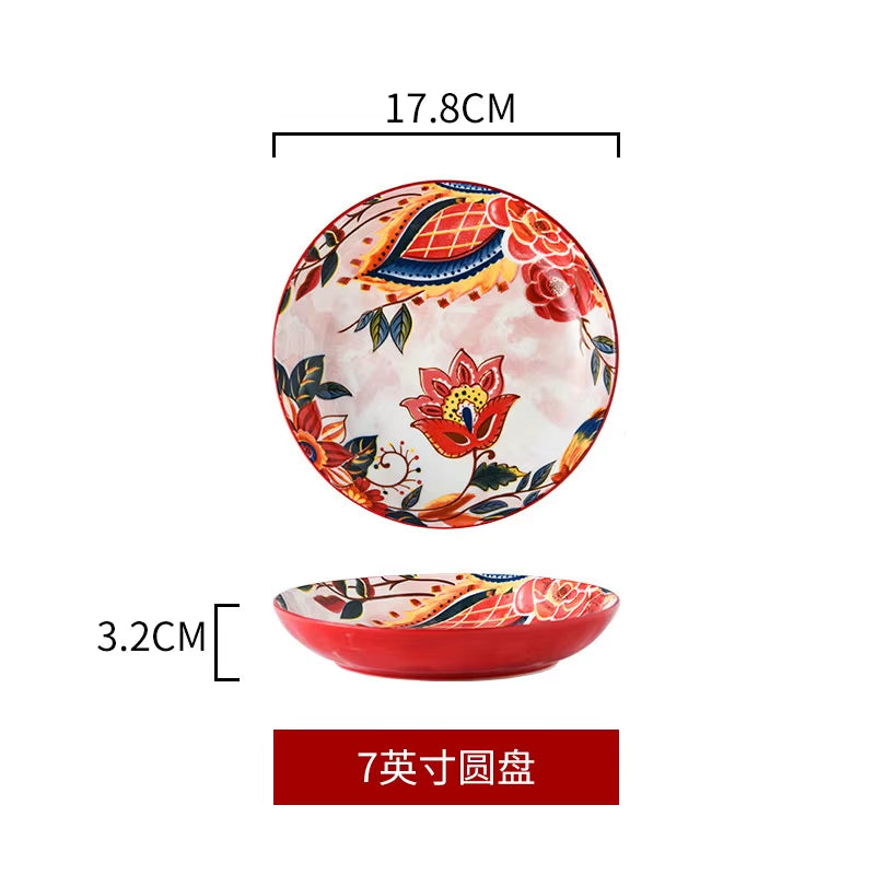 Ceramic Colorful Flower Dinner Plate Set Under-Glazed Retro Dinner Dishes Dinnerware Household Bowl Bakeware Flower Tableware