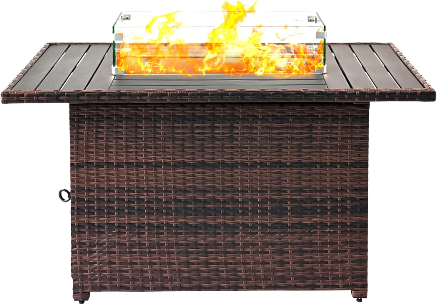 44 Inch Propane Fire Pit Table 50000 BTU Firepits Table with Lid Rectangular Rattan Gas Fire Pits for outside Patio with Glass Wind Guard Glass Rocks Water-Proof Cover,Brown