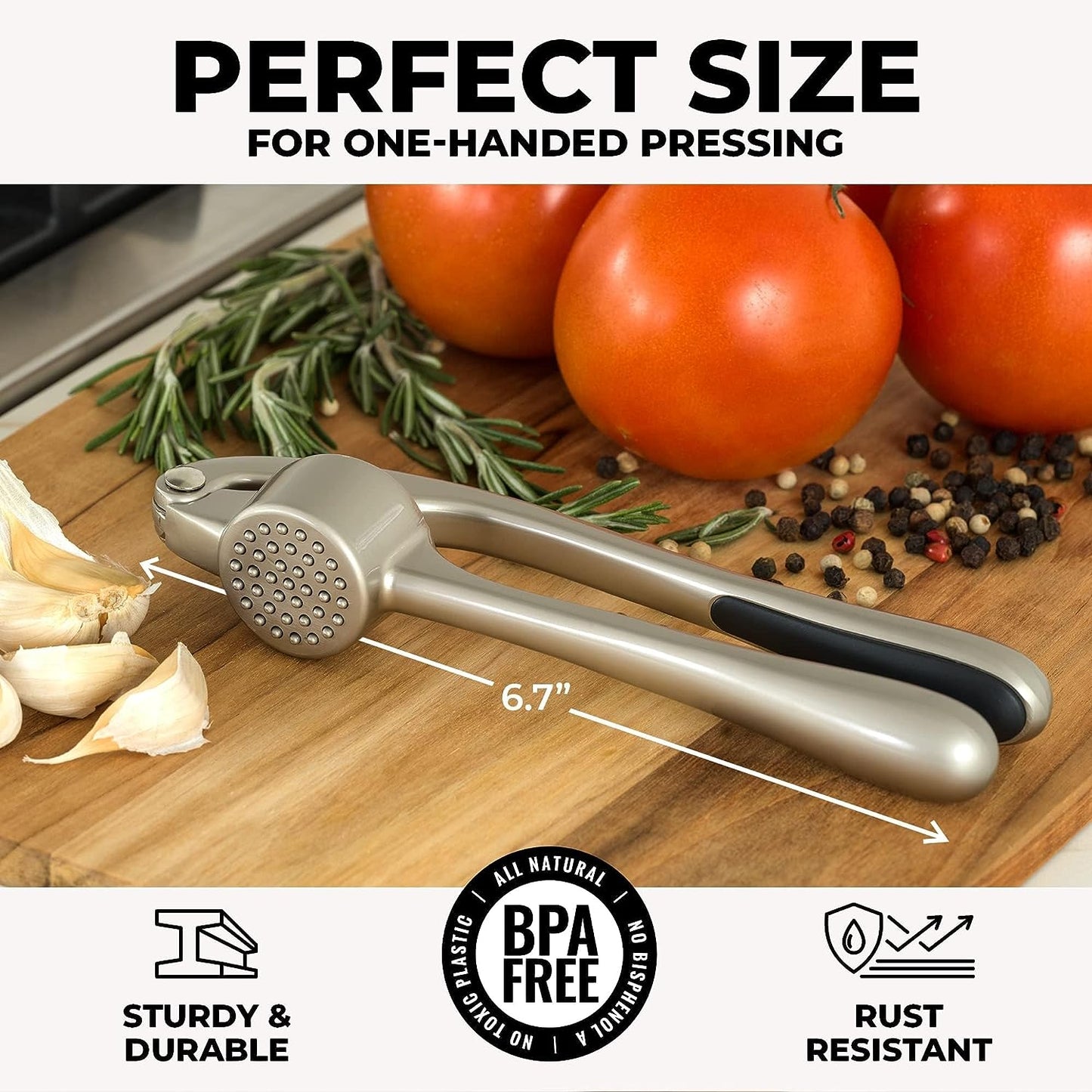 Premium Garlic Press Set - Rust Proof & Dishwasher Safe Professional Garlic Mincer Tool - Easy-Squeeze, Easy-Clean with Soft, Ergonomic Handle - Silicone Garlic Peeler & Brush (Silver)