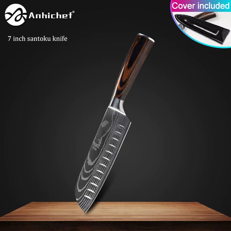 Professional Kitchen Knives Stainless Steel 7CR17 440C Laser Damascus Japanese Santoku Cleaver Slicing Utility Chef Knife Set