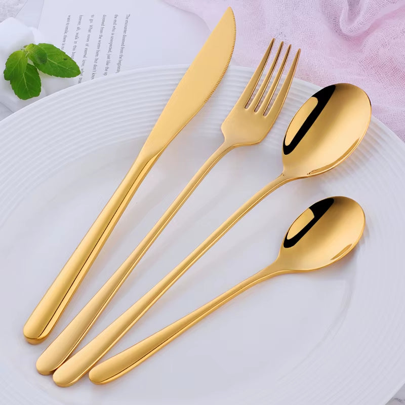 4Pcs Luxury 304 Stainless Steel Tableware Set Silverware Fork Spoon Knife Travel Cutlery Set Gold Portable Camping Flatware Set