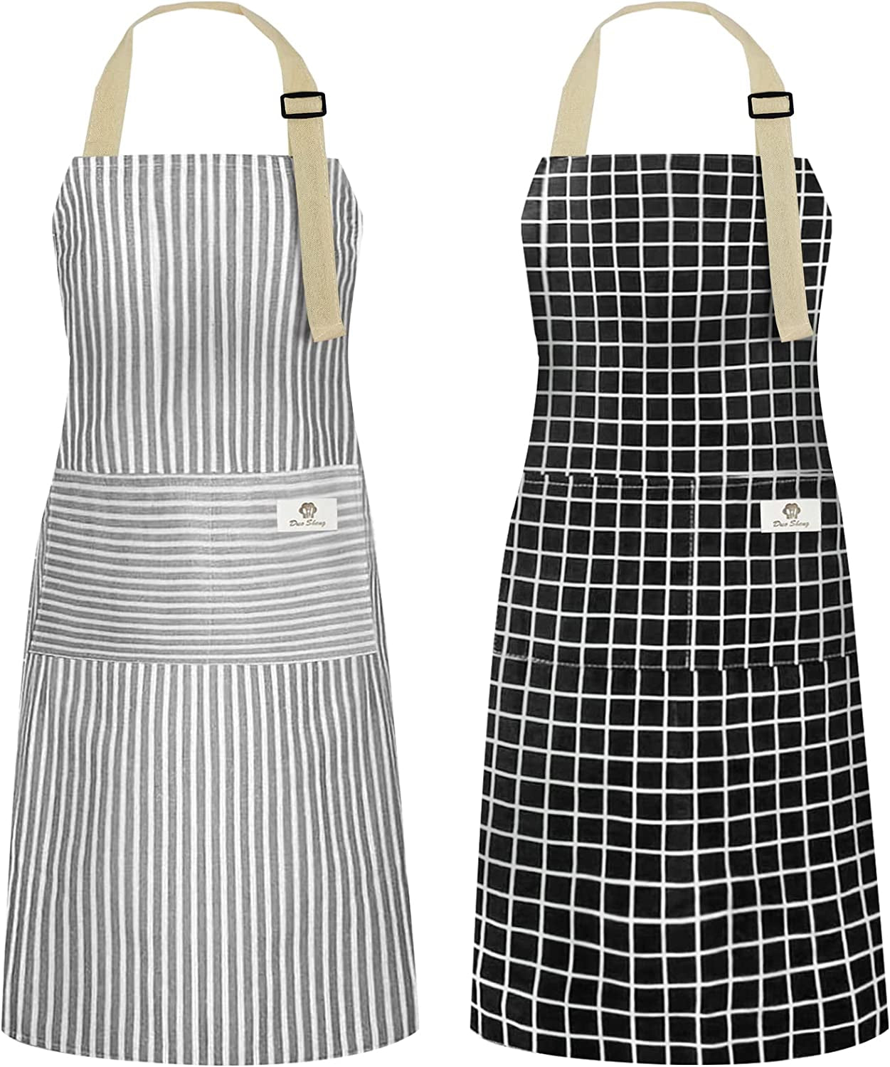 2 Pack Kitchen Cooking Aprons, Adjustable Bib Soft Chef Apron with 2 Pockets for Men Women(Black/Brown Stripes)