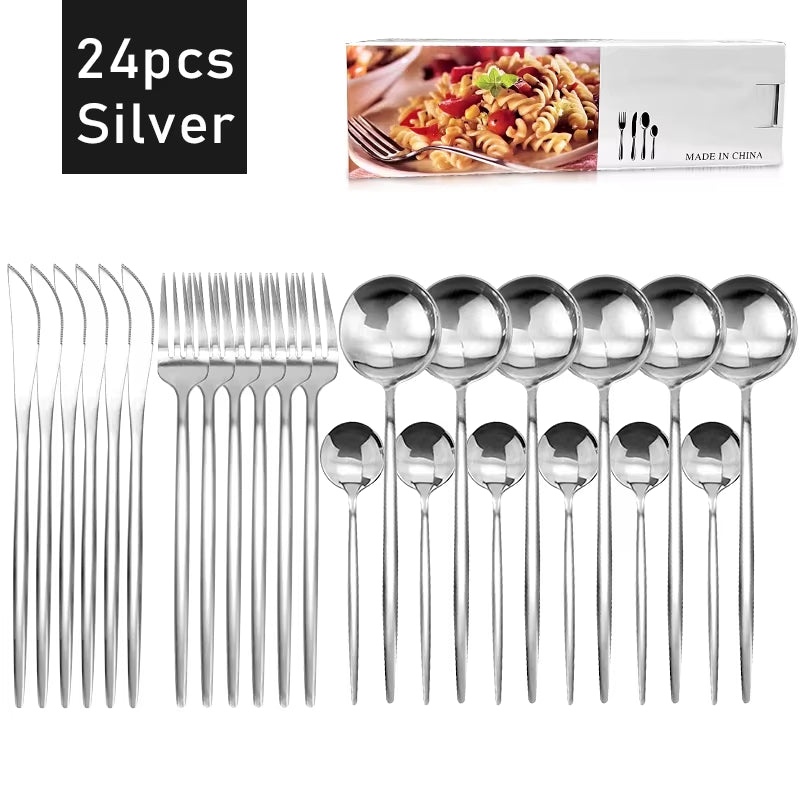 24Pcs Black Western Dinnerware Set Stainless Steel Cutlery Set Fork Knife Spoon Tableware Set Flatware Set Silverware Set