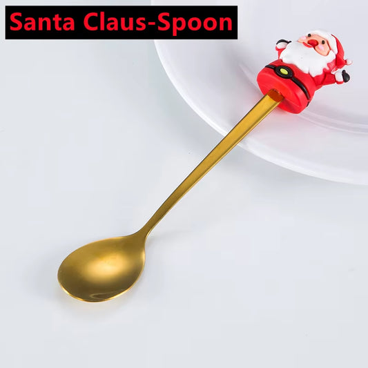 Stainless Steel Christmas Coffee Spoon and Xmas Dinner Forks Set Christmas Tree Elk Tiny Stirring Spoons Party Tableware Gifts