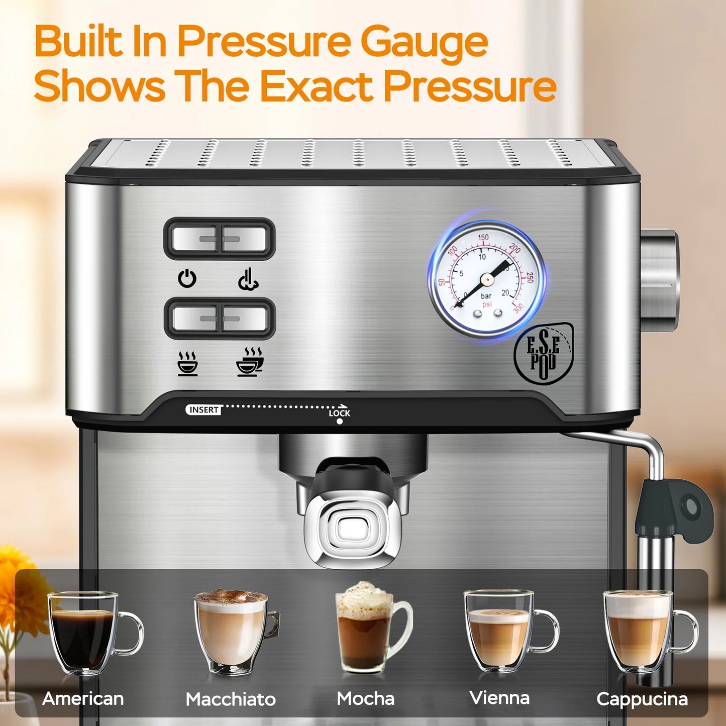 Espresso Machine 20 Bar Fast Heating Automatic Cappuccino Coffee Maker with ESE POD Filter&Milk Frother Steam Wand, 1.6L Water Tank, 850W, Stainless Steel