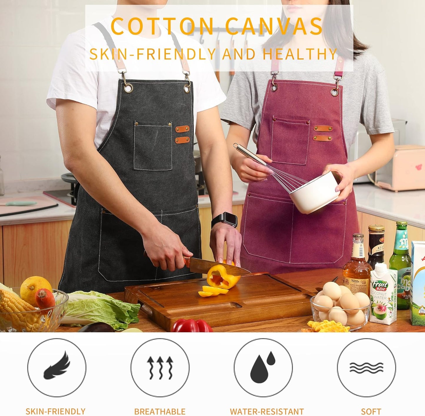 Canvas Cross Back Chef Cotton Aprons for Men Women with Large Pockets