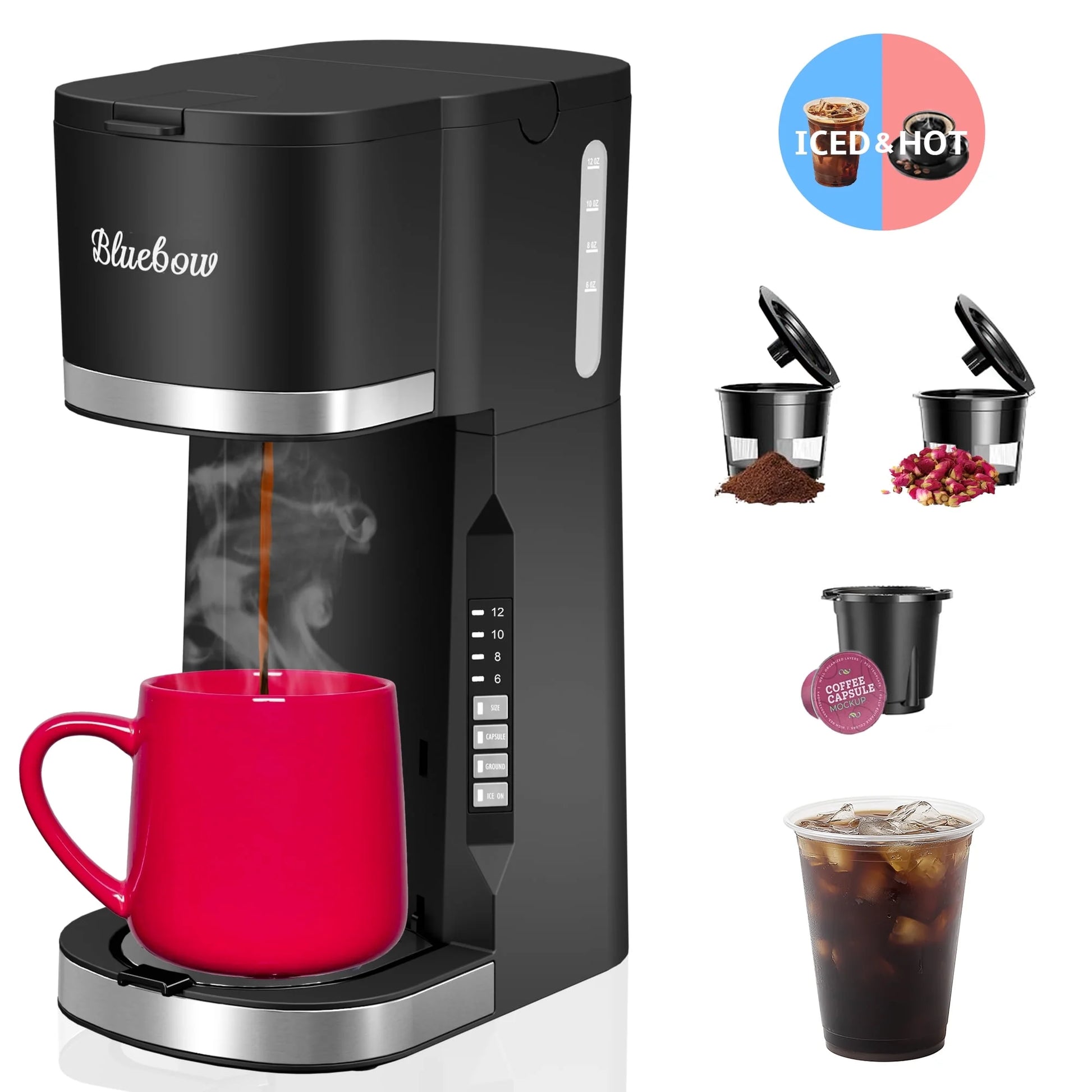 Hot & Iced Coffee Maker, 3 in 1 Single Serve Brew for K Cup, Ground Coffee & Tea, 6-12Oz Brew Size, Black