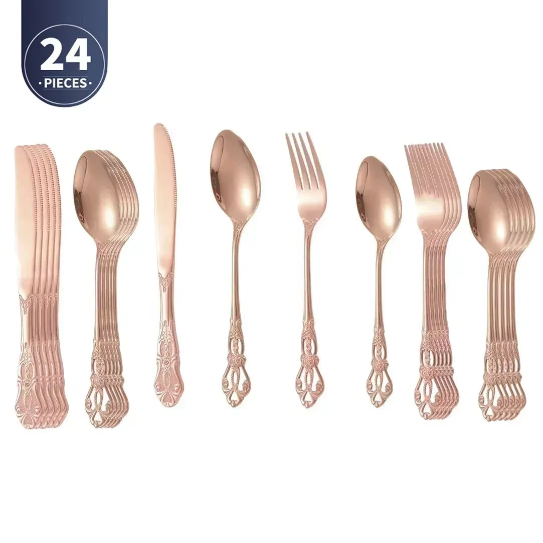 Golden Stainless Steel Cutlery Set Royal European Spoon Fork Complete Tableware Retro Design Dishwasher Safe Elegant Flatware