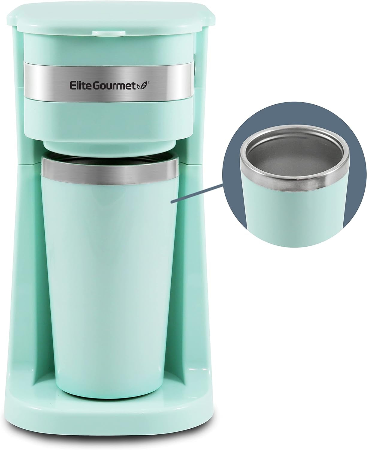 EHC114 Personal Single-Serve Compact Coffee Maker Brewer Includes 14Oz. Thermal Travel Mug with Stainless Steel Interior, Compatible with Coffee Grounds, Reusable Filter, Black