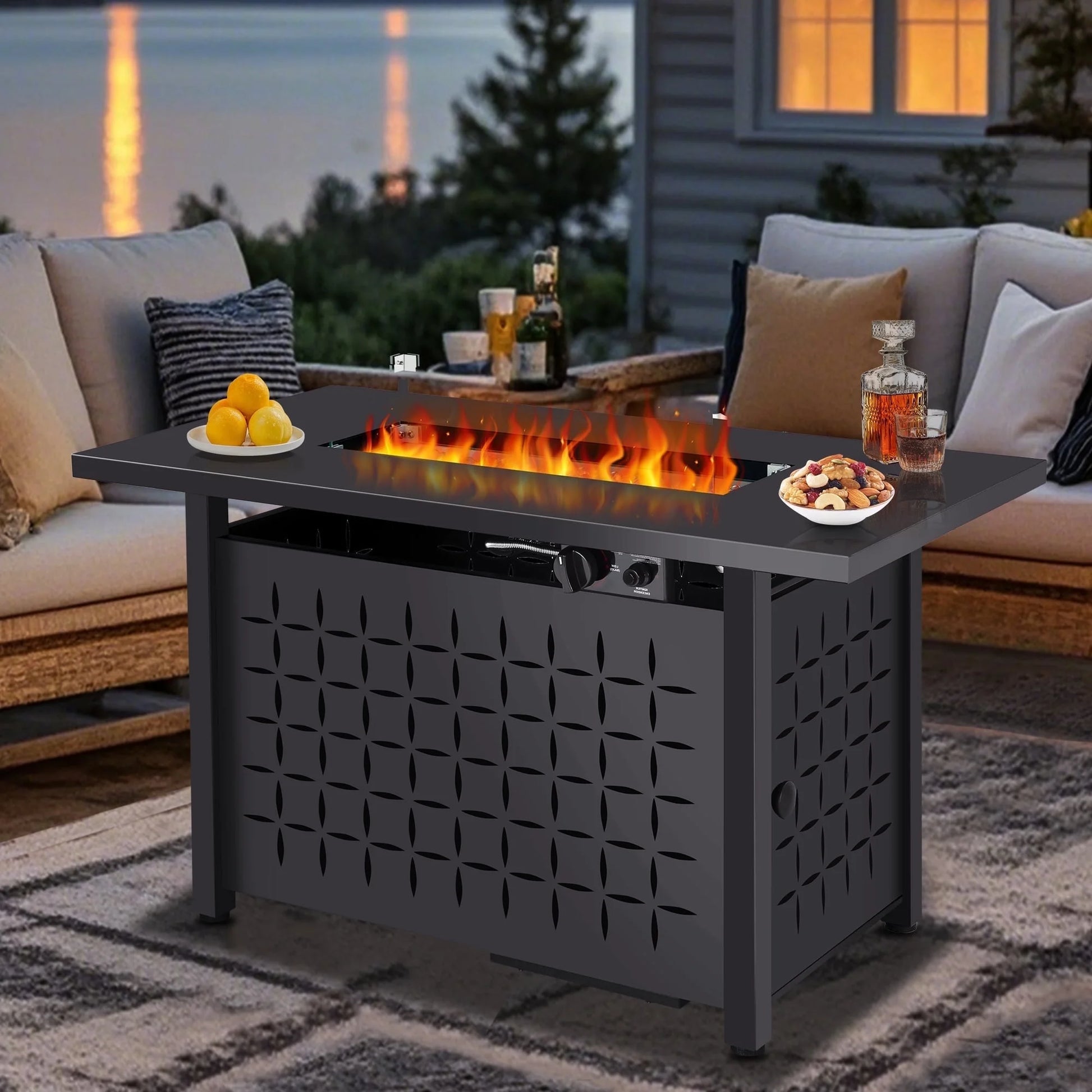 43" Propane Fire Pit with Wind Guard, 60,000 BTU 2 in 1 Auto-Ignition Rectangular Natural Gas Fire Pits Table W/ Glass Beads and Steel Lid for Outside, Porch, Patio