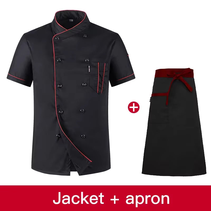 Chefs Uniform Short Sleeve Summer Set Restaurant Hotel Kitchen Workwear Men and Women Youth Breathable Thin Jacket + Hat + Apron